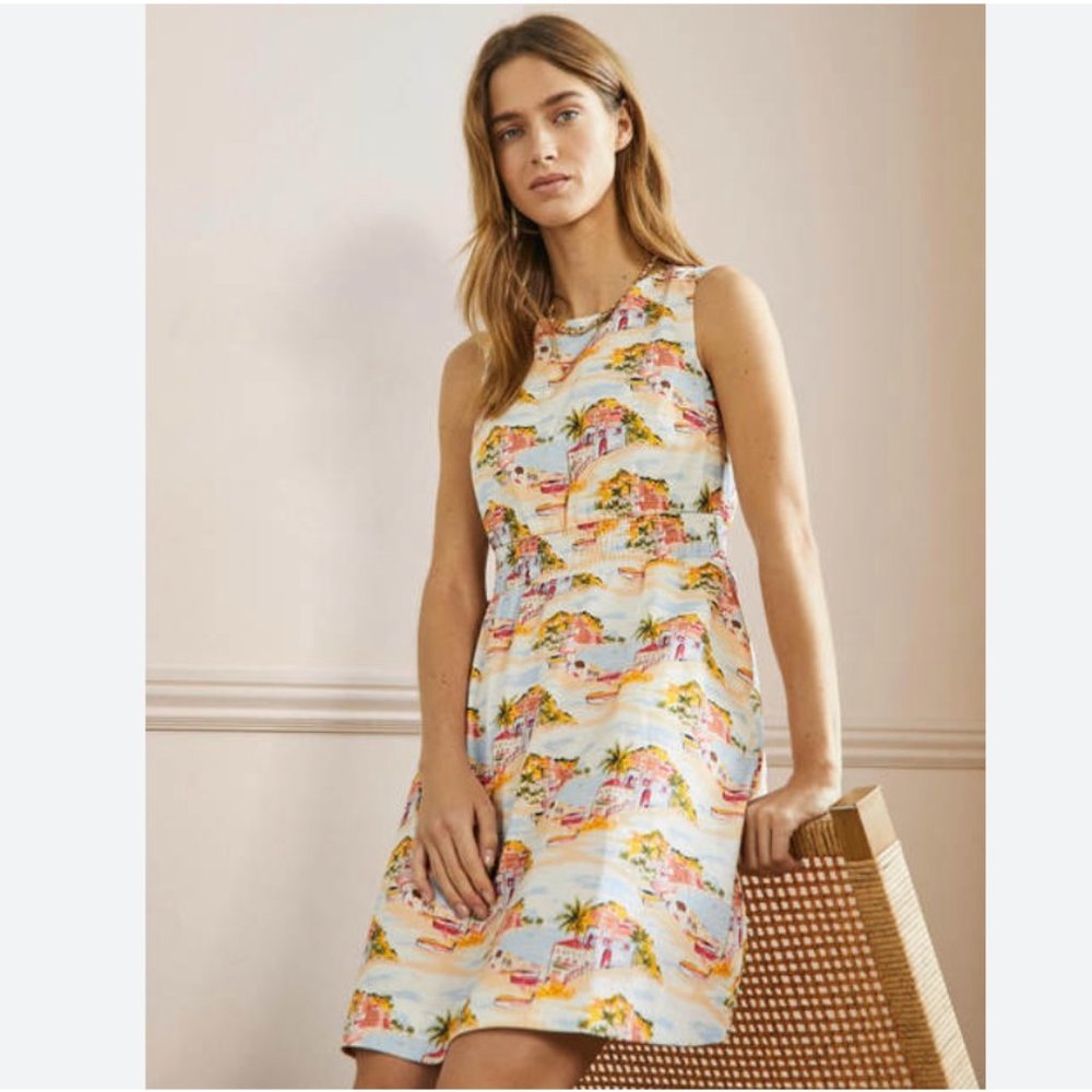 Boden Smocked Waist Mini Dress in Ivory Paradise Bay - Size 6 Long